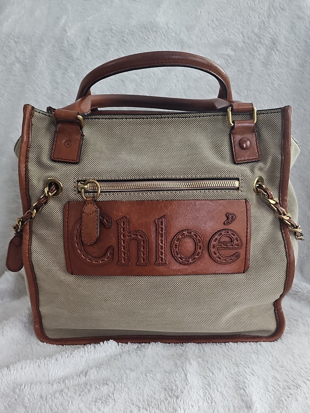Chloé Haley Tan Leather & Cream Canvas Tote with Logo Patch